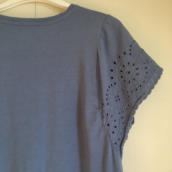 Periwinkle Blue Eyelet Sleeve Cotton Modal Cottagecore Tee - Picture 6 of 14